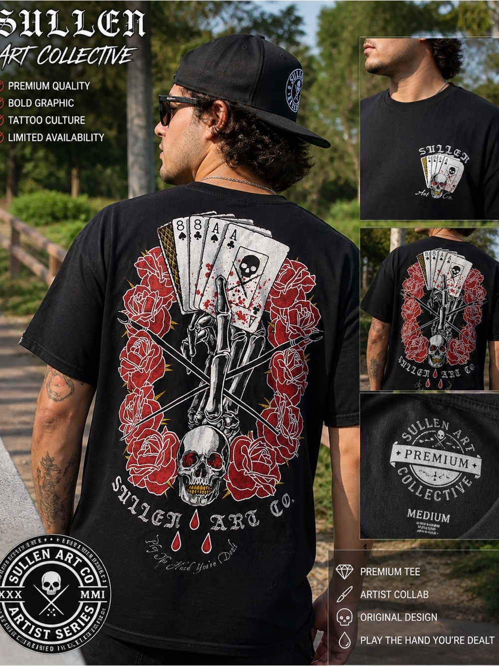 Sullen Art Collective Skull Poker Roses Tee | Sizes S- M, NWT